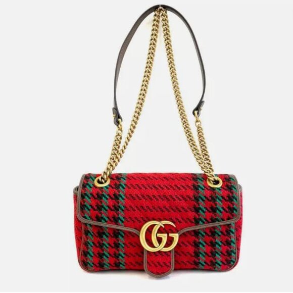 Gucci Handbags - Gucci GG Marmont Knit Houndstooth Tweed Shoulder Bag Red